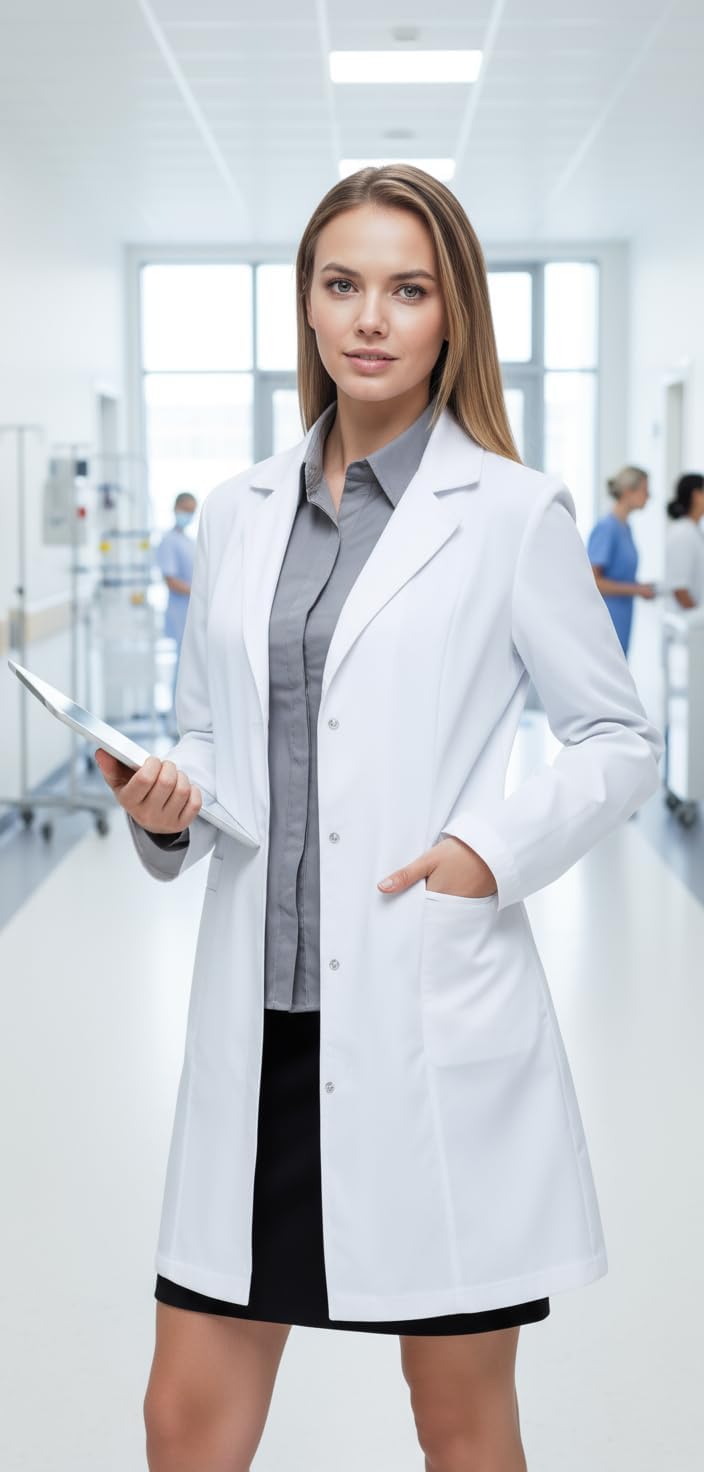 Lab Coat for Women 33 Inch, Tailored Medical Coat, 2 Hip Pockets, Doctor Nurse Coat for Clinics