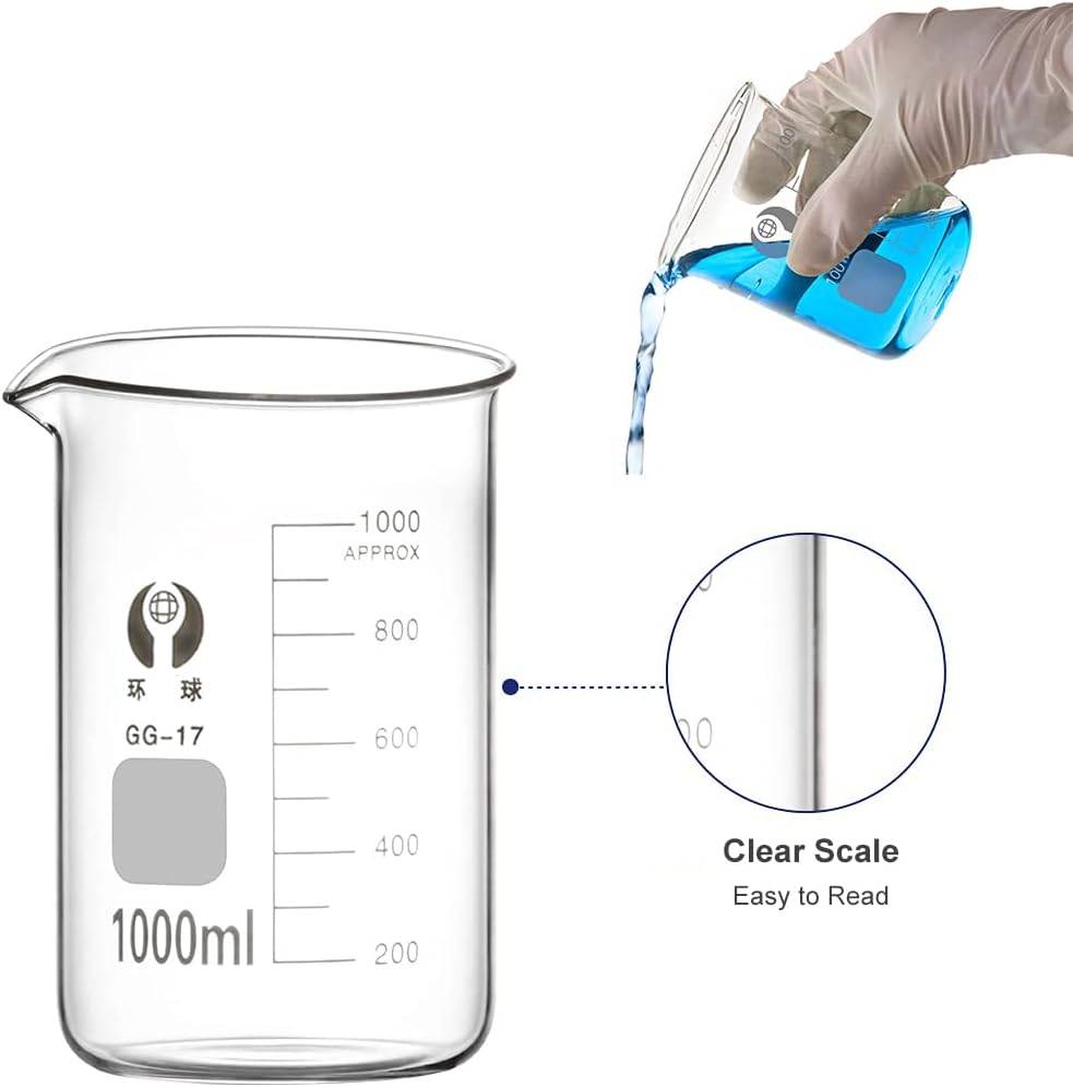 Glass Beakers Set 50/100/250/500/1000ml with 8Pcs Test Tubes | Borosilicate Measuring Beaker with Printed Graduation