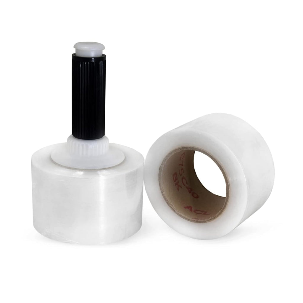3"x 1000' Stretch Wrap Mini Roll of 80 Gauge (2 Rolls) with Plastic Handle - Extra Sticky Clear Plastic Wrap Film