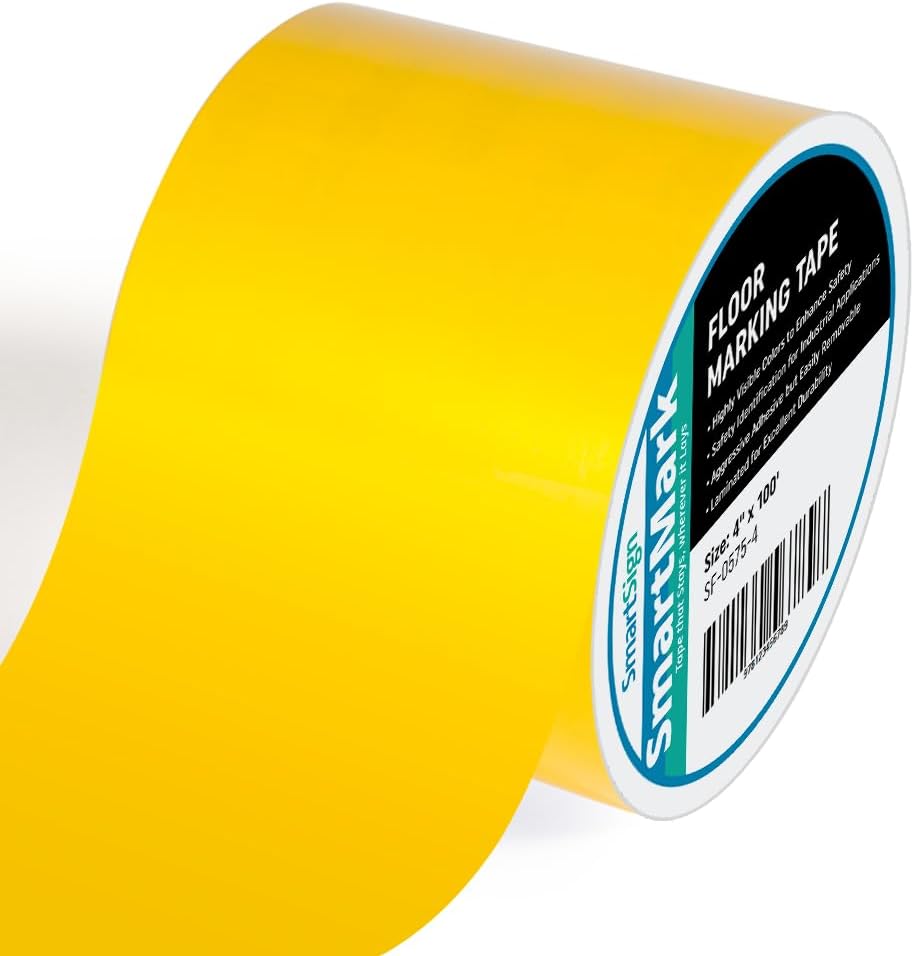Yellow Floor Marking Tape, 4" Wide x 100' Long Roll, Durable Polyester, Laminated Protection - Non-Abrasive, Adhesive