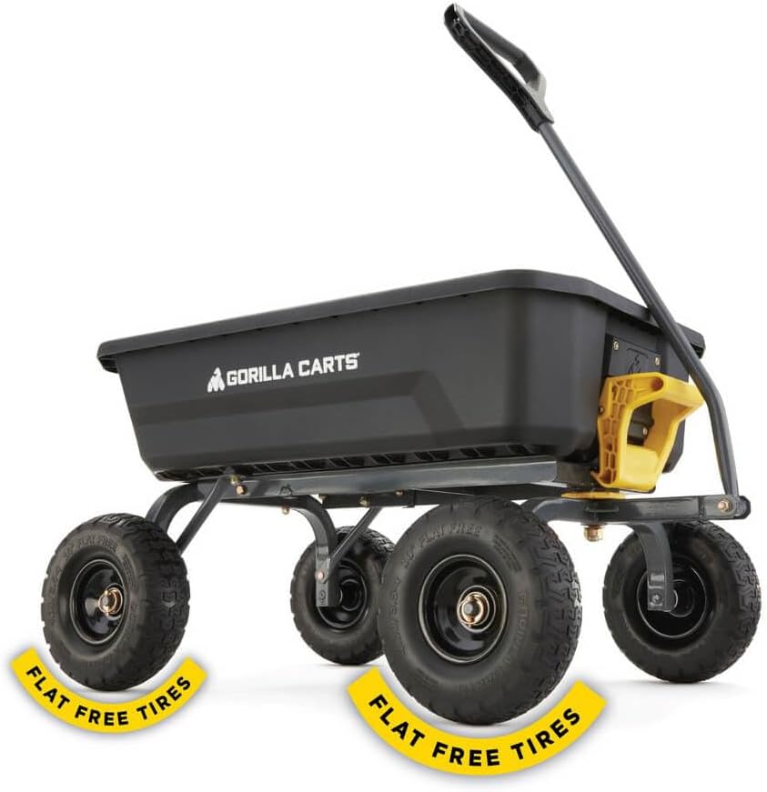 Heavy-Duty Dump Cart, Patented Quick-Release Dumping, Steel Frame, 600 lb Capacity, No-Flat 10-Inch Tires, Utility