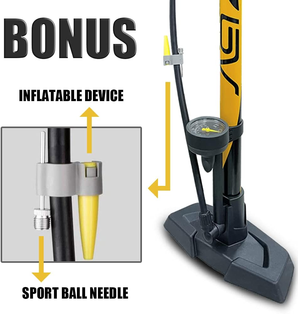 Bicycle Pump Durable Bike Floor Pump 17/24 inch Smart Valve Head, 160 psi, Automatically Reversible Presta and Schrader