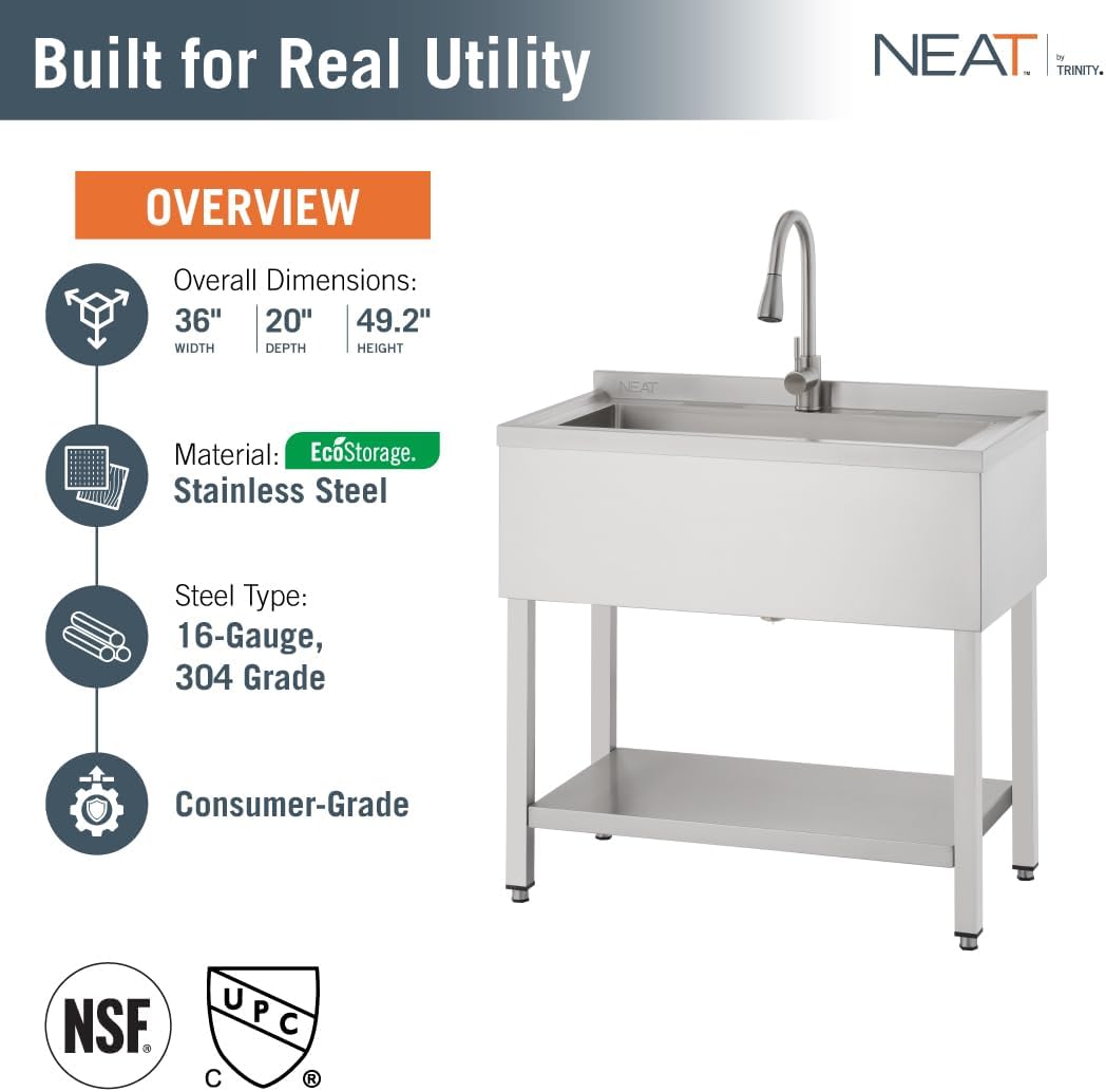 36" NSF EcoStorage Stainless Steel Utility Sink w Faucet