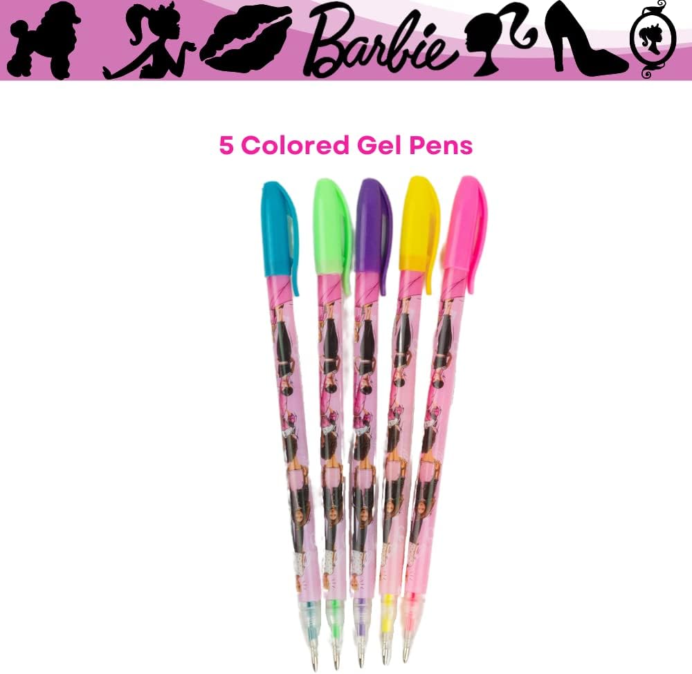 Barbie Pencil Case Set with Stickers and Gel Pens for Kids, Molded with Zip Closure, Pink