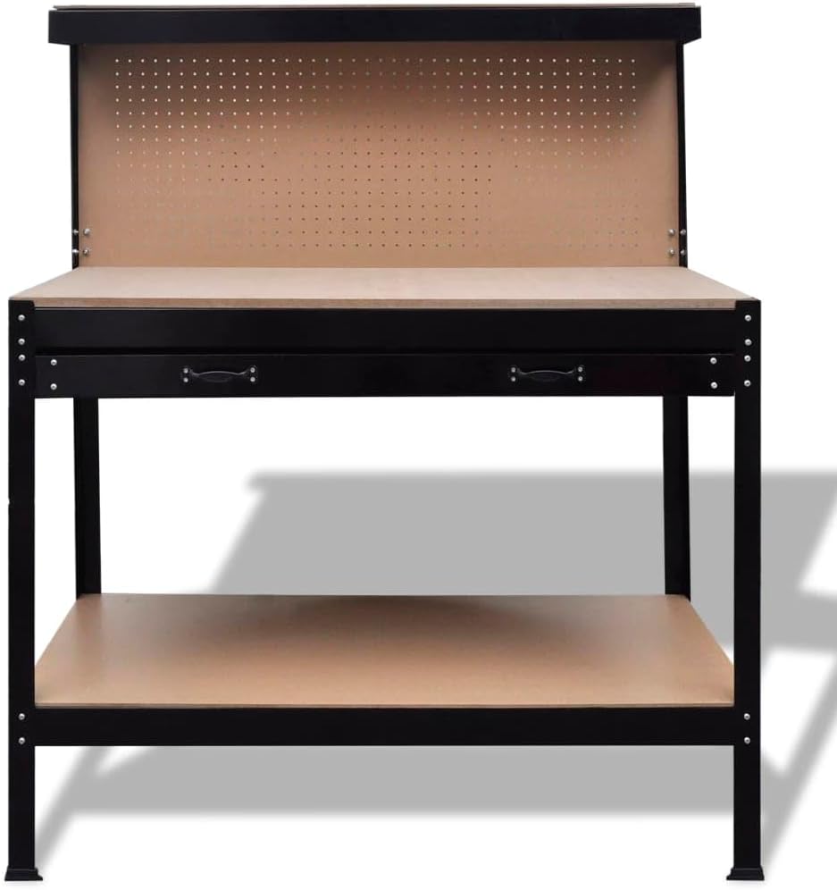 Steel Workbench with Pegboard, Large Drawer and Bottom Shelf for Garage Workshop, Heavy Duty Tool Storage Table, Brown