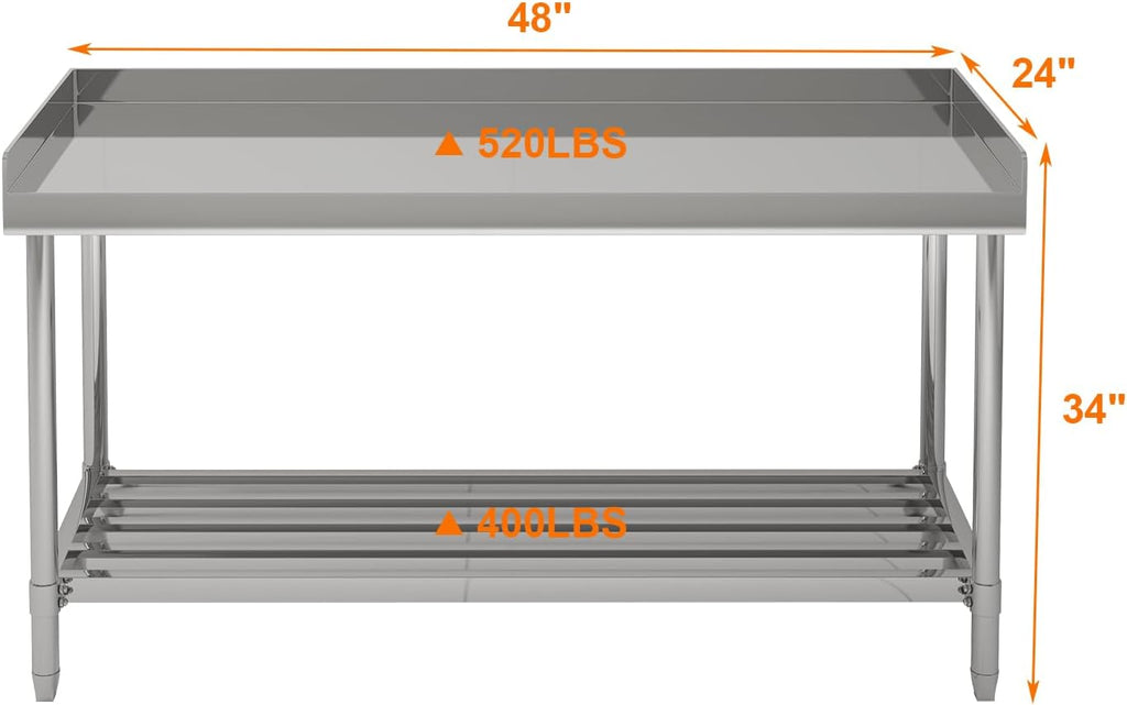 48" x 24" NSF Stainless Steel Work Table with Backsplash, Adjustable Undershelf, Heavy Duty Prep Table for Commercial