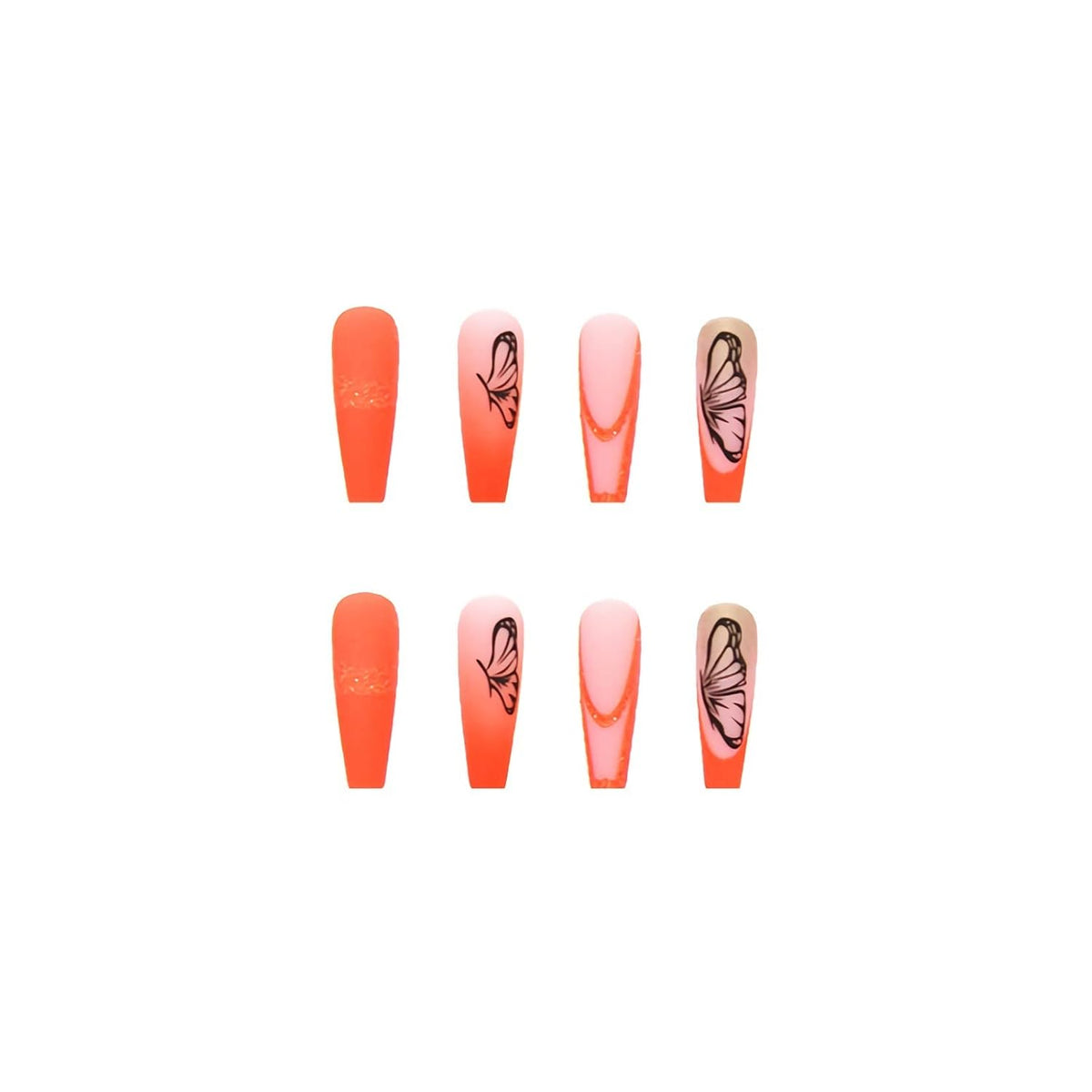 Long Coffin Press on Nails - Orange Fake Nails, Butterfly Summer Design Full Cover, Matte Acrylic Glue on Nails 24Pcs