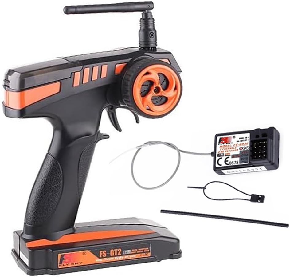 FS-GT2 RC Transmitter with FS-GR3E Receiver, 2.4GHz 2 Channel Digital Radio Controler and Receiver for RC Car Boat