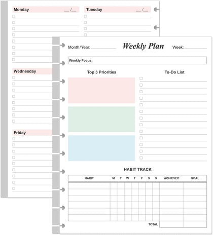 Weekly Planner Undated Refills - Letter Size 53 Sheets/106 Pages Colorful Weekly Planner for 11-Disc Discbound, TUL