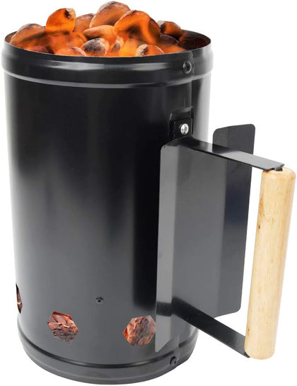 Charcoal Chimney Starter for Outdoor Cooking Barbecue BBQ Quick Rapid Fire Briquette Starters Can Black with Wooden