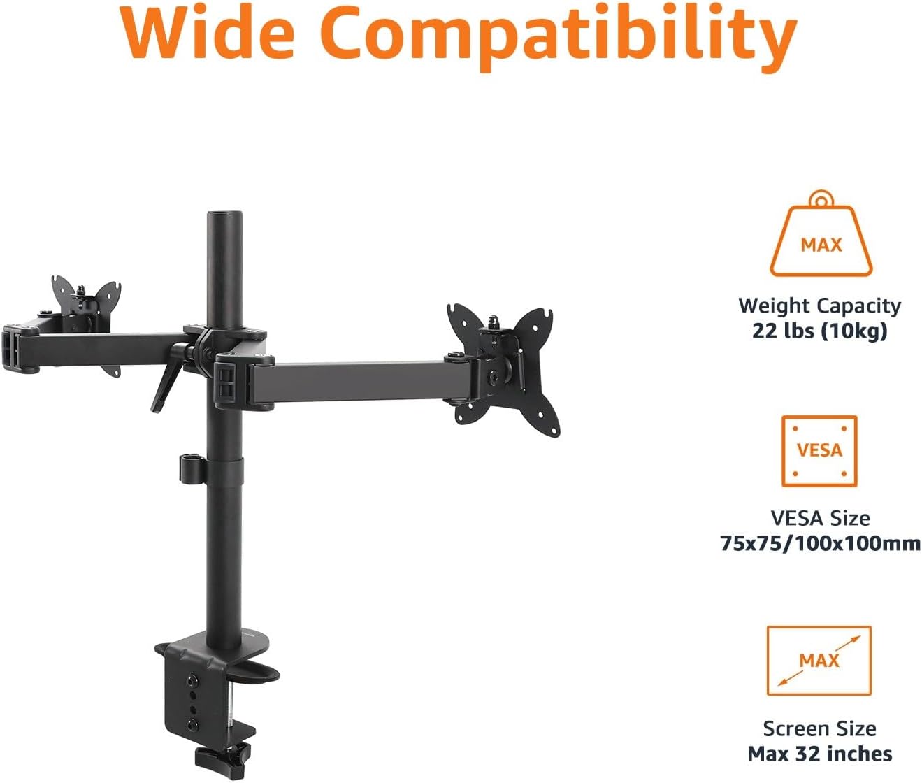 Adjustable Dual Monitor Desk Mount, Supports up to 32 inch Monitors and 22 lbs per Arm, Adjustable Tension, VESA