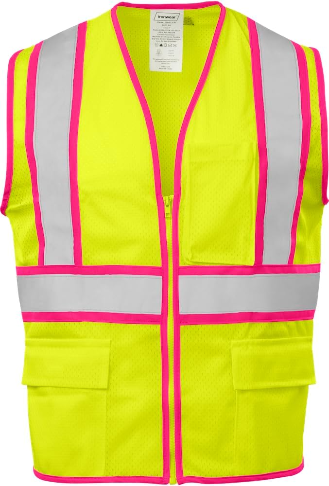1284-LZ-PT-4-XL ANSI Class 2 Polyester Mesh SAFETY Vest with Zipper & 2" Silver Reflective Tape w/Pink Trim, Lime