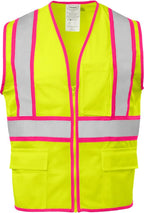 1284-LZ-PT-4-XL ANSI Class 2 Polyester Mesh SAFETY Vest with Zipper & 2" Silver Reflective Tape w/Pink Trim, Lime