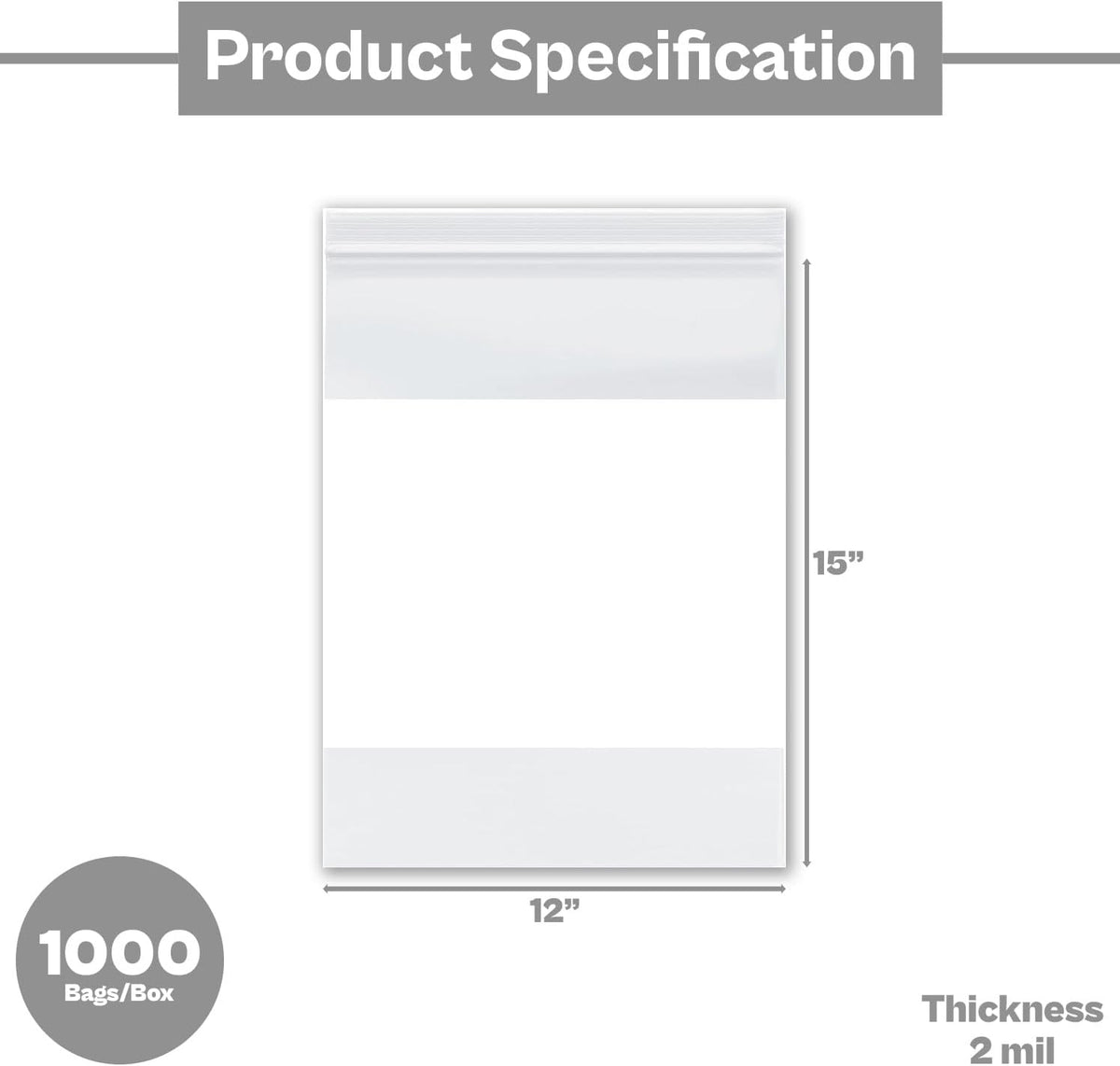 Resealable Poly Bags for Storage with White Block Label, 12 x 15 Inch, 1000 Pack, 2 Mil, Zipper Lock Closure