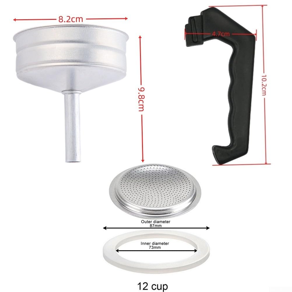 Espresso Coffee Moka Pot Replacement Parts Set Include Handle Funnel Filter Gasket Seal (12 Cup)