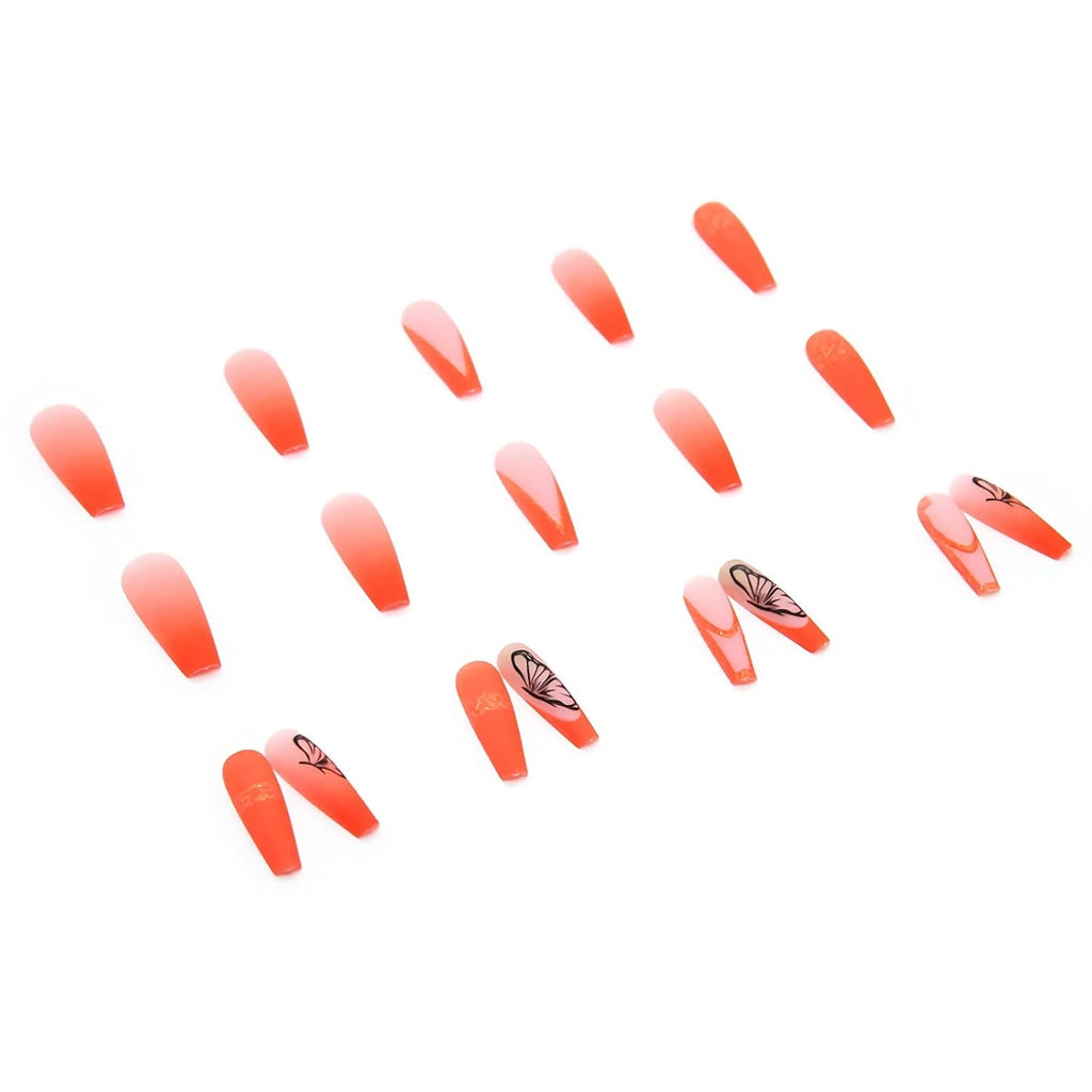 Long Coffin Press on Nails - Orange Fake Nails, Butterfly Summer Design Full Cover, Matte Acrylic Glue on Nails 24Pcs