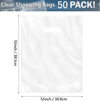 Clear Shopping Bags,Large 12x15 inches, 50 Pack, Plastic Retail Merchandise Bags, Tear Resistant, Durable