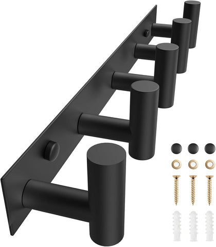 Black Hat and Coat Wall Mount Rack 5 Hooks for Robes, Bags, Keys, and Towels Bathroom Towel Hanger Organizer (1 Pack)