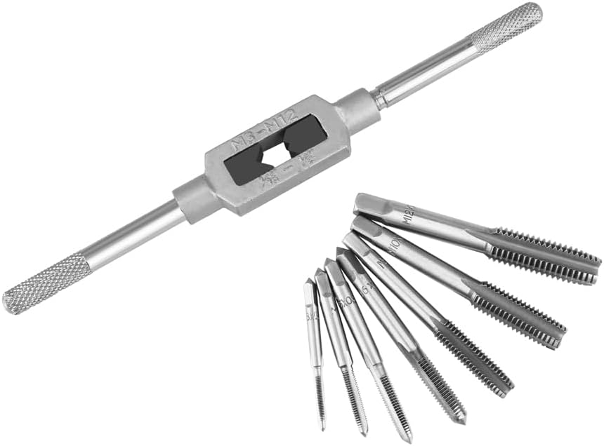 Hoteche 8 pcs Taps Set with Adjustable Tap Wrench 1/16-1/2'' for Internal and External Threading Taps Size M3 M4 M5 M6 M8 M10 M12