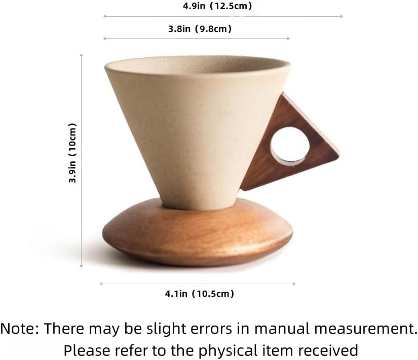250ML- Retro ceramic coffee mug, Creative Cone coffee cup set for women elegant small- Solid wood handle and coaster