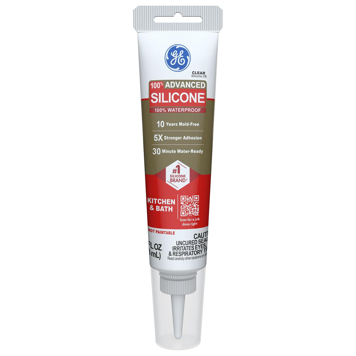 Advanced Silicone Caulk for Kitchen & Bathroom, Clear, 2.8 fl oz Tube, 1 Pack - 100% Waterproof Silicone Sealant, 5X