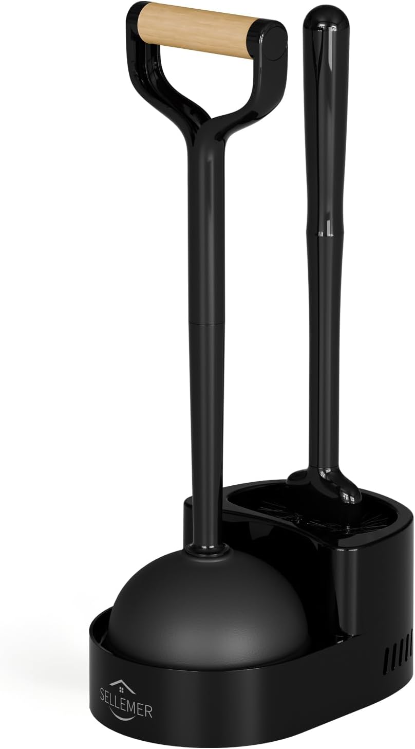 Toilet Brush and Plunger Set, Curved Head for Deep Cleaning, Black | Brush and Plunger set, Curved Nylon Bristles for