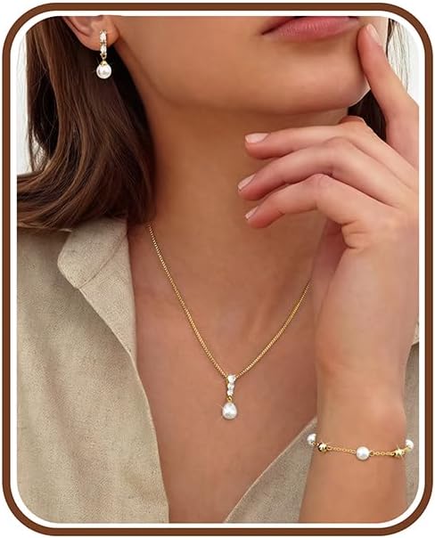 14K Gold Plated Pearl Jewelry Set for Women - 925 Sterling Silver Post Dangle Earrings Dainty Pearl Necklace Bracelet