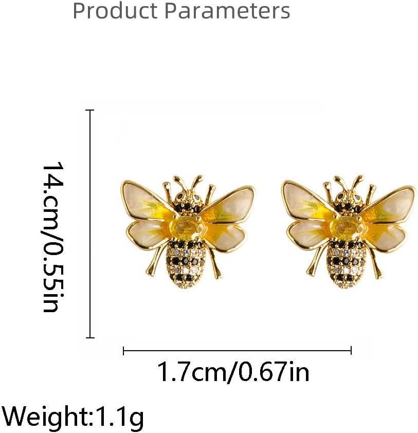 Dainty Honeybee Stud Earrings Sterling Silver Post Studs Cubic Zriconia Rhinestone Bee Insects Animal Cartilage