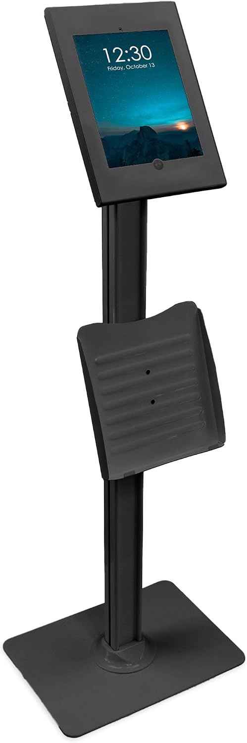 Anti-Theft iPad Tablet Floor Stand Kiosk with Literature Holder | Lockable Enclosure for iPad Gen 7–11, Pro & Air