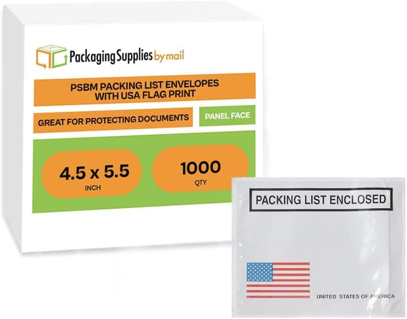 PSBM Bulk 1000 Pack 4 1/2" x 5 1/2" Back Loading Packing List Envelopes, Self-Adhesive USA Panel for E-Commerce Orders