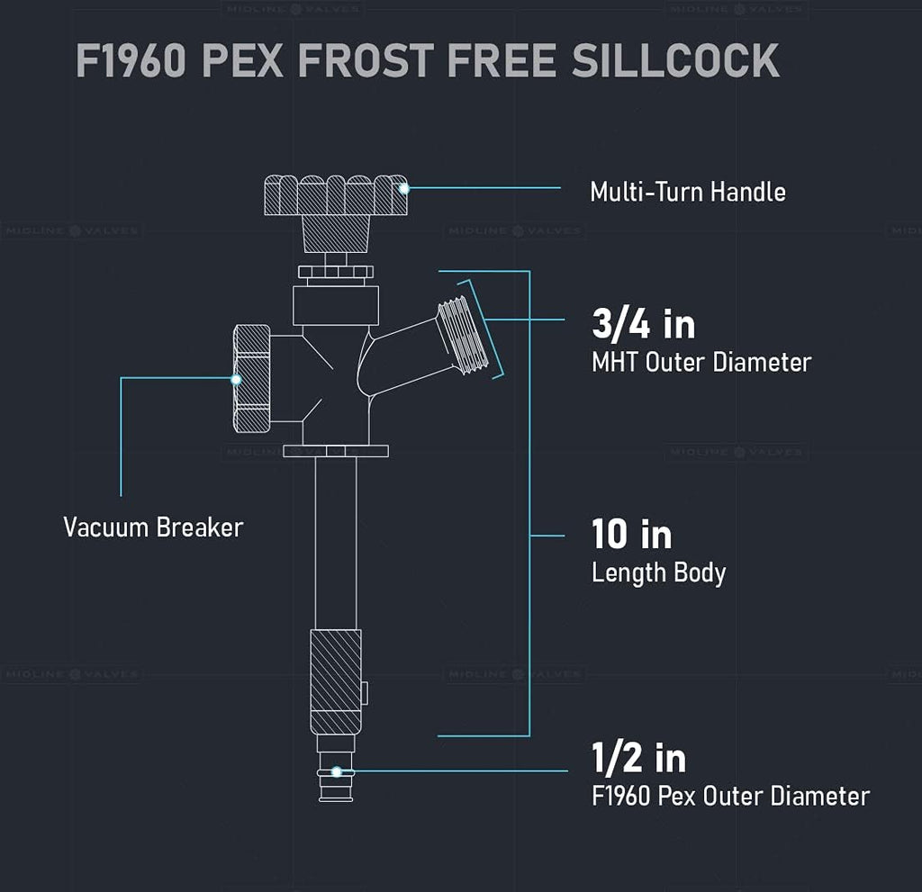 10 Inch Frost-Free Anti-Siphon Sillcock with Vacuum Breaker – Lead-Free Outdoor Faucet, 1/2" PEX-A Inlet x 3/4" Hose
