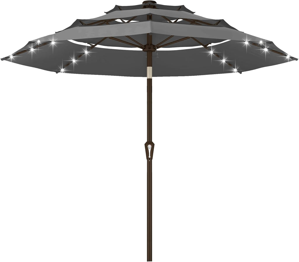 10ft Patio Umbrella with Solar Lights, 3 Tier Lighted Table Umbrella Outdoor Patio with Easy Crank & Tilt, 8 Sturdy
