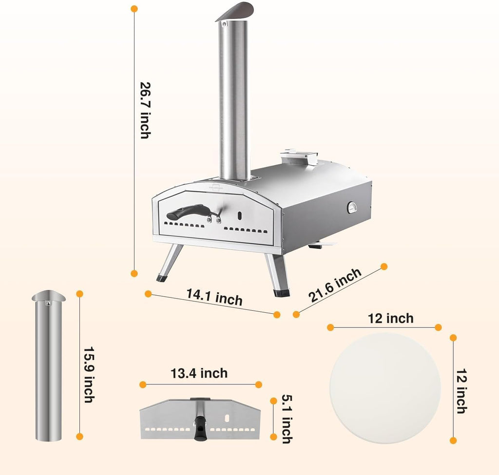 12” Portable Wood Fired Pizza Oven - Stainless Steel Pellet Pizza Stove with Rotating Stone for Outdoor Cooking