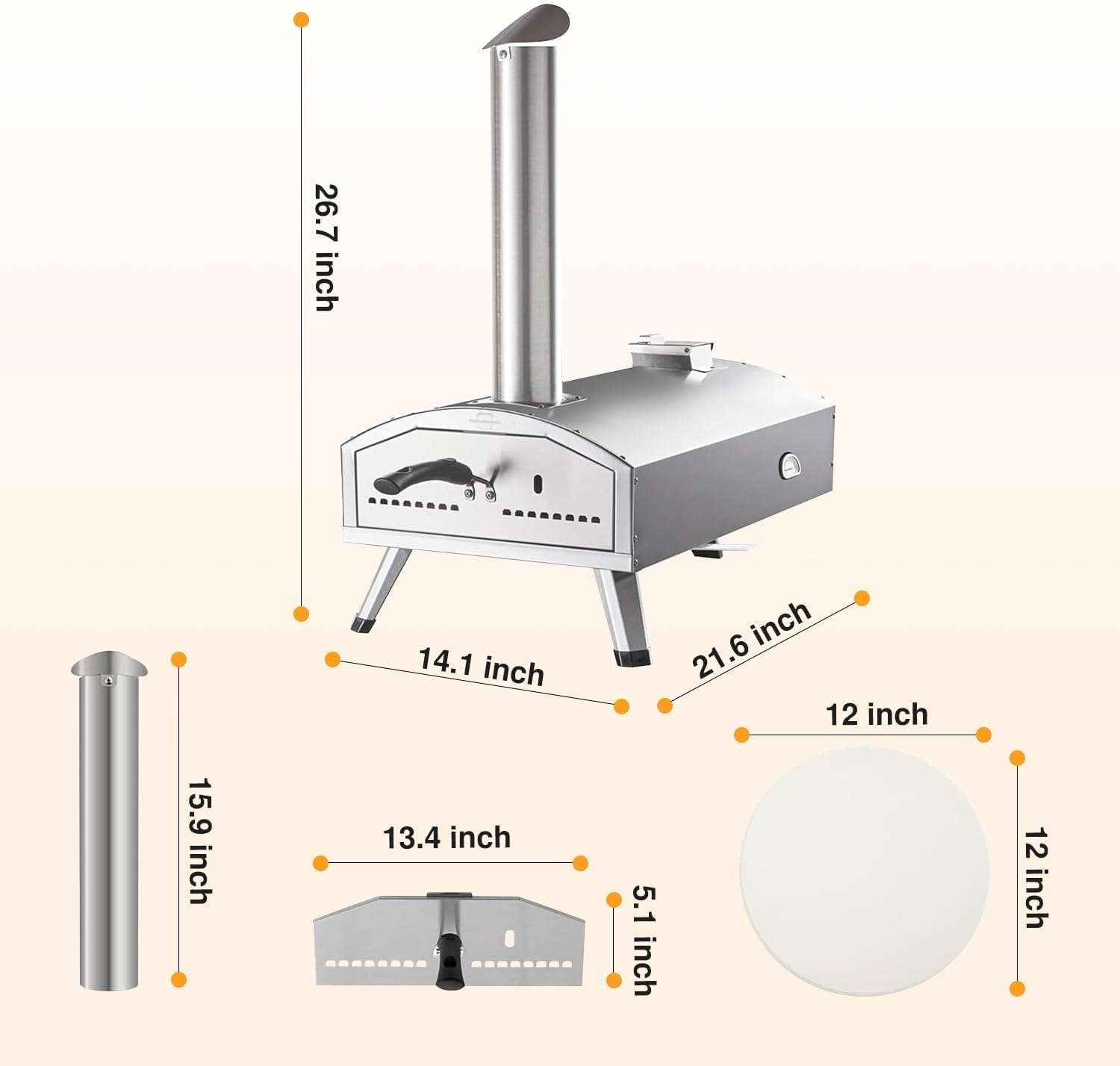 12” Portable Wood Fired Pizza Oven - Stainless Steel Pellet Pizza Stove with Rotating Stone for Outdoor Cooking