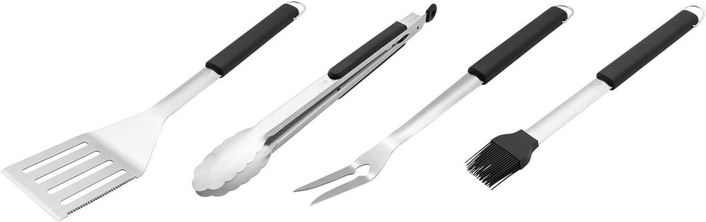 BBQ Grill Tool Set, 4-Piece Stainless Steel Barbecue Accessories with Spatula, Tongs, Fork & Basting Brush, Heavy