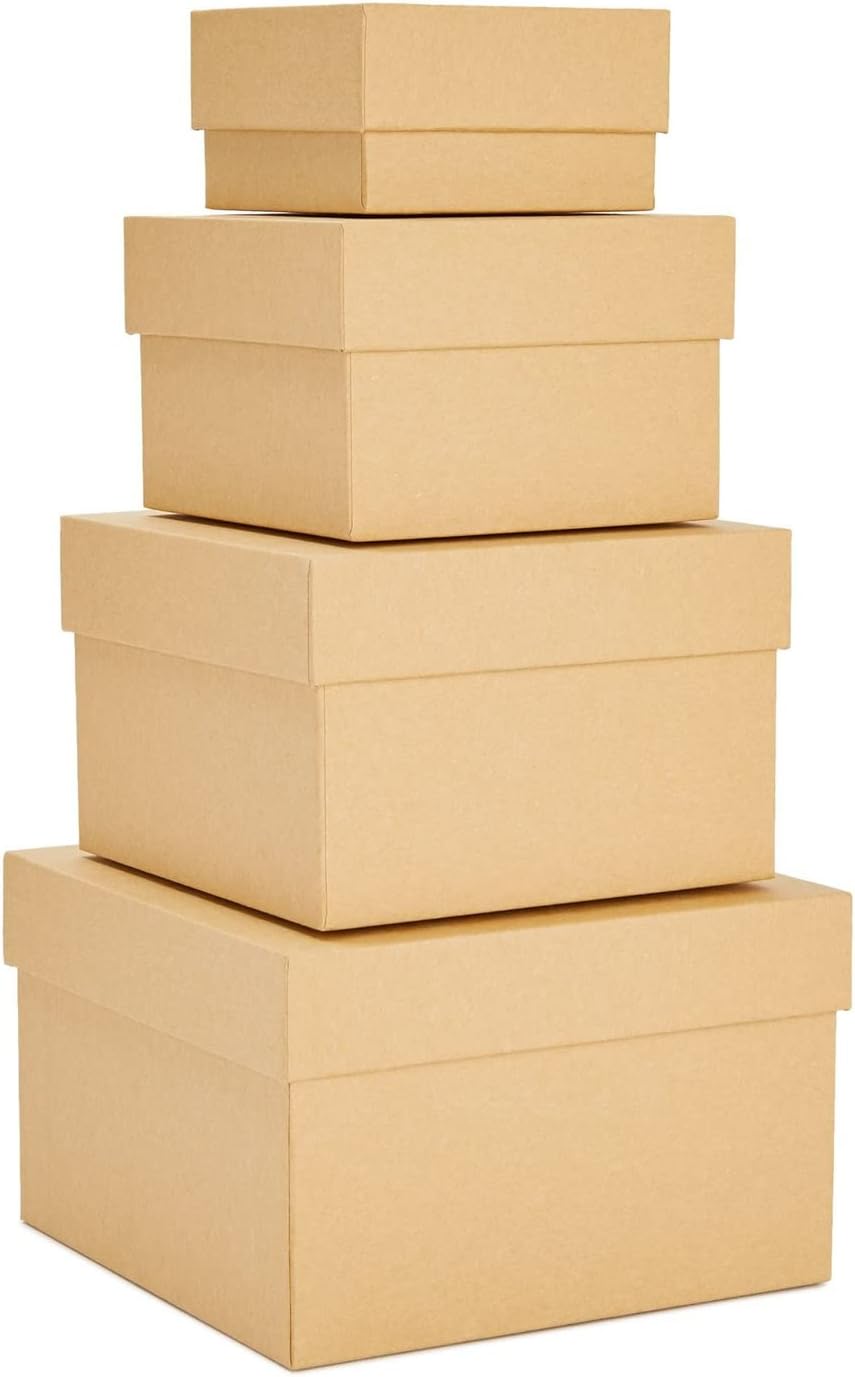 Square Nesting Boxes With Lids - Kraft Brown, Paperboard, 4-Pack, 6.5-3.5 In - Cardboard Nesting Gift Boxes for