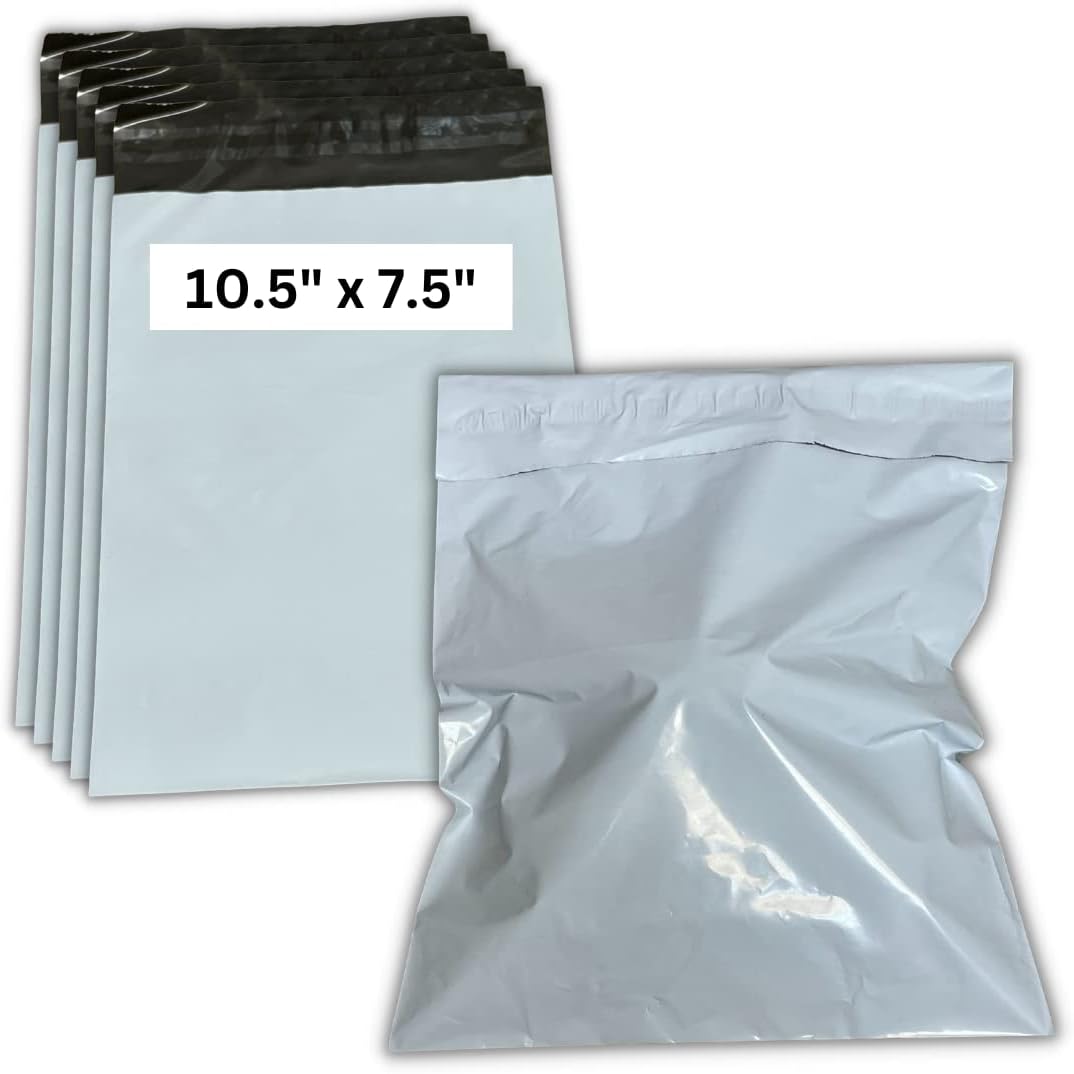 Poly Mailers 7.5 X 10.5 Plastic Durable Shipping Bags for Small Business or Personal Use - 10 White Self Adhesive