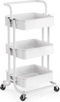 3 Tier Rolling Cart, Utility Cart with Wheels & Handle, White