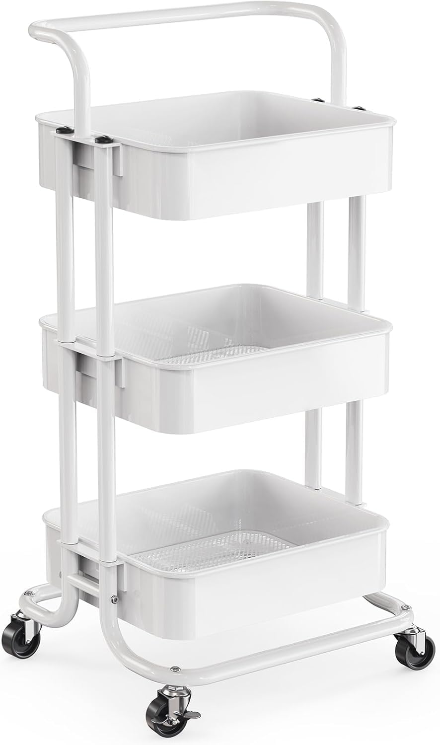 3 Tier Rolling Cart, Utility Cart with Wheels & Handle, White