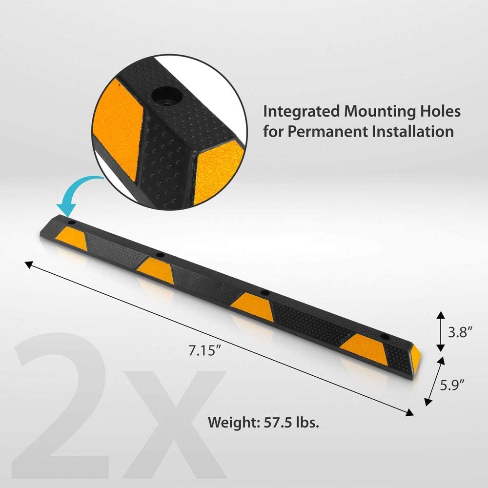 Heavy Duty Wheel Stop Garage Parking Aid for Cars & Trucks - Rubber Parking Curb with Reflective Safety Strips