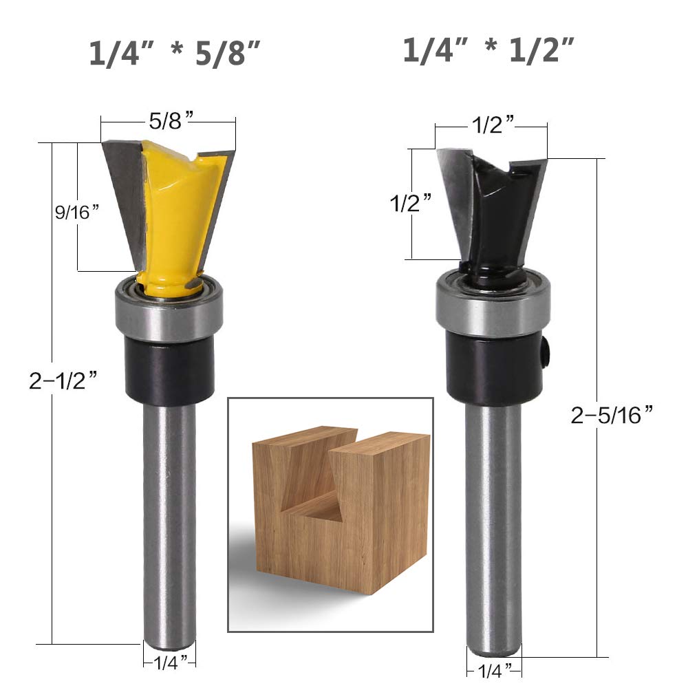 2Pcs 1/4 Inch Shank Dovetail Joint Router Bits with Bearing Guide Dovetail Jig Bit for Furniture Building Cabinet