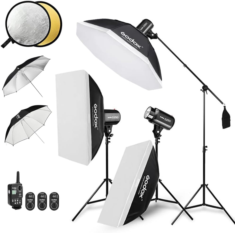 750W Studio Strobe Flash Light Kit, 3-Light Godox Strobe Lighting Kit for Photography, 3x250W 5600K Monolights with