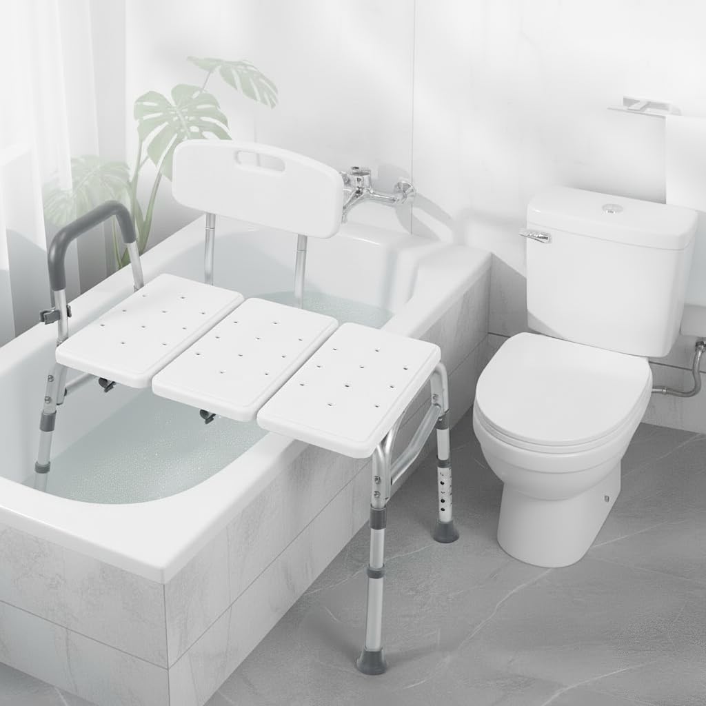 Tub Transfer Bench for Bathtub, Tool Free Assembly Shower Chair with Backrest & Armrest, Height Adjustable Shower