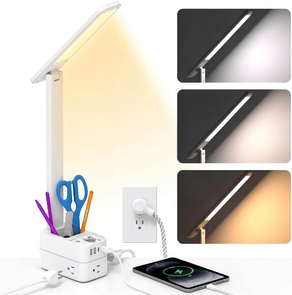 Desk Lamp with Pen Holder, LED Desk Lamps for Home Office, Power Strip with 3 Outlets 4 USB Charging Ports(2 USBC), 3