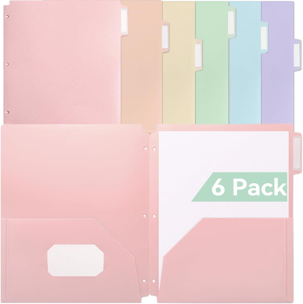 Plastic Folders with Pockets, 3 Hole Punched for 3 Ring Binder, 1/3 Cut Index Tabs for Quick Find, Pastel 6 Pack