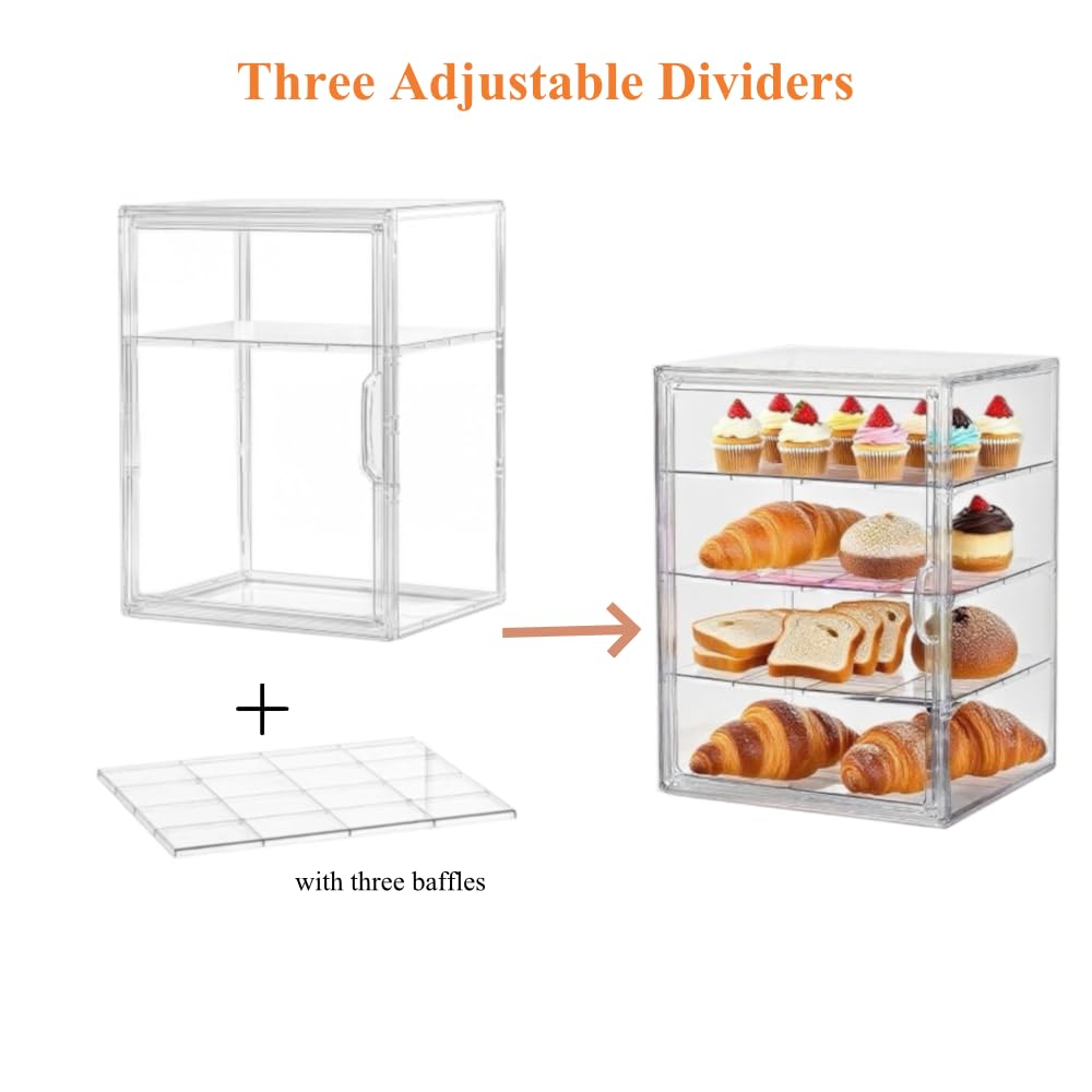 Pastry Display Case Large Clear Bread Box for Kitchen Countertop 4 Layers Adjustable Bread Storage with Magnetic Door