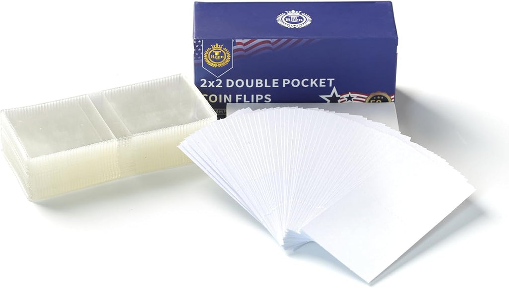 50 Pcs 2x2 Double Pocket Coin Flips with Paper Inserts | 100 Pockets Clear PVC Storage Coin Sleeves, Holders for Coin