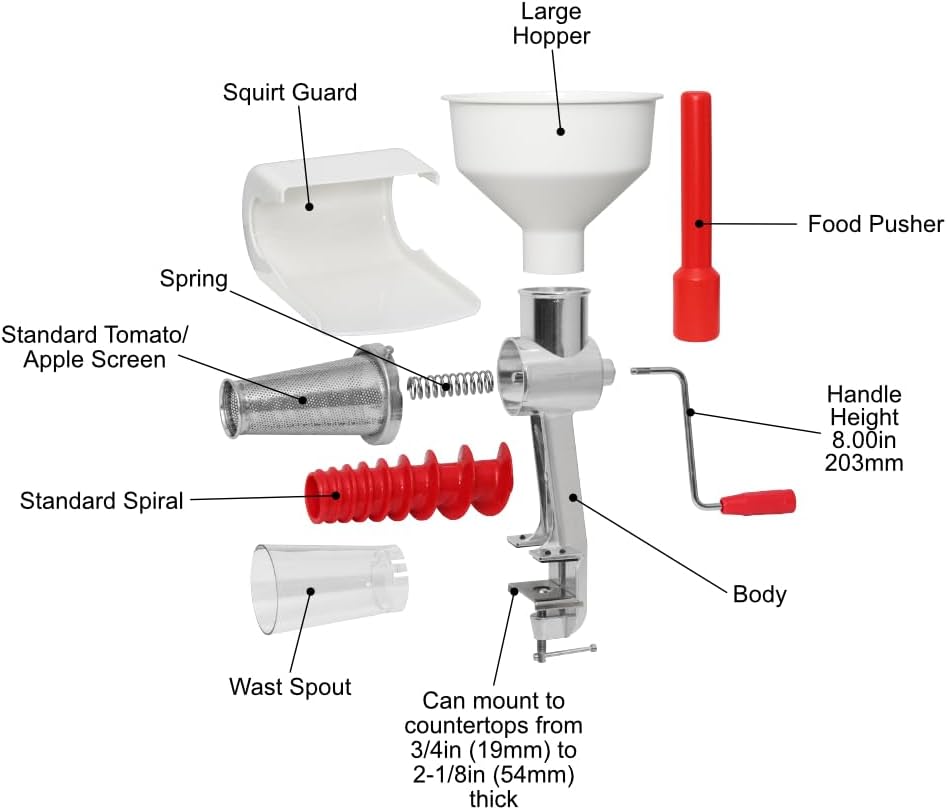 Johnny Apple Sauce Maker, Tomato Sauce Maker, Remove Skins & Seeds From Produce, Model 250 Clamp Based Food Strainer