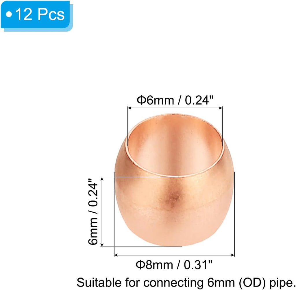 6mm Tube OD Compression Sleeves Ferrules, 12pcs Copper Ferrule Fitting Compression Fitting Assortment Kit for Air