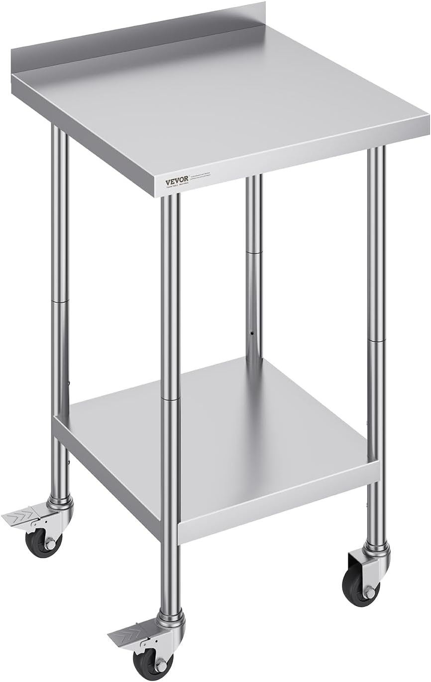 24 x 24 x 40 Inch Stainless Steel Work Table, Commercial Food Prep Worktable with Casters, Heavy Duty Prep Worktable